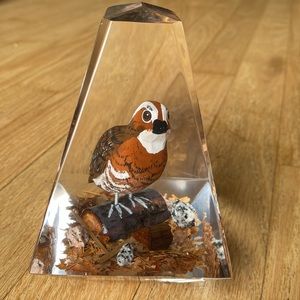 Vtg Clear Lucite hand carved wood quail Paperweight sculpture made in Canada